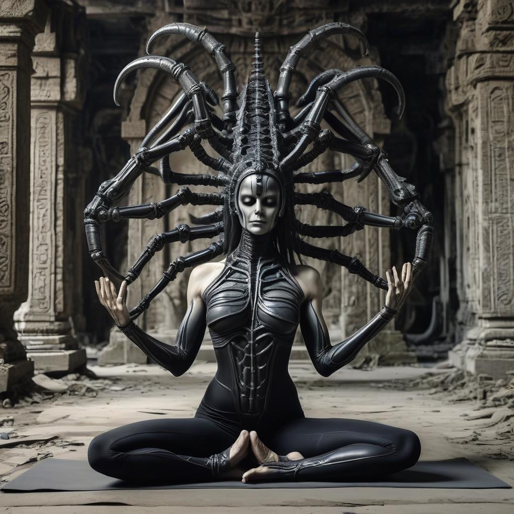  giger's alien (queen) with a female body on an abandoned temple doing yoga, six arms like kali