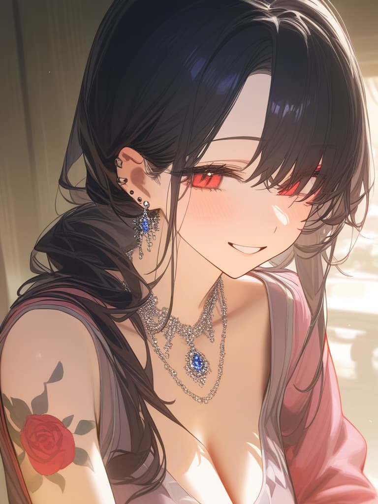  long hair, black hair, hair tips are pink, red eyes, hanging eyes, bangs lengths, smiles, adults, adult faces, piercings, necklaces, hair are light pink, black, thin makeup, arms. contains a red rose tattoo, a rose tattoo on the arm, a hidden eye, masterpiece, best quality,8k,ultra detailed,high resolution,an extremely delicate and beautiful,hyper detail