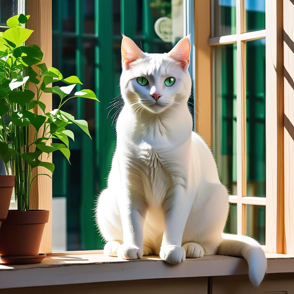  flat papercut style white cat. with green eyes. lejin on a wooden windowsill. von is an italian village. . silhouette, clean cuts, paper, sharp edges, minimalist, color block