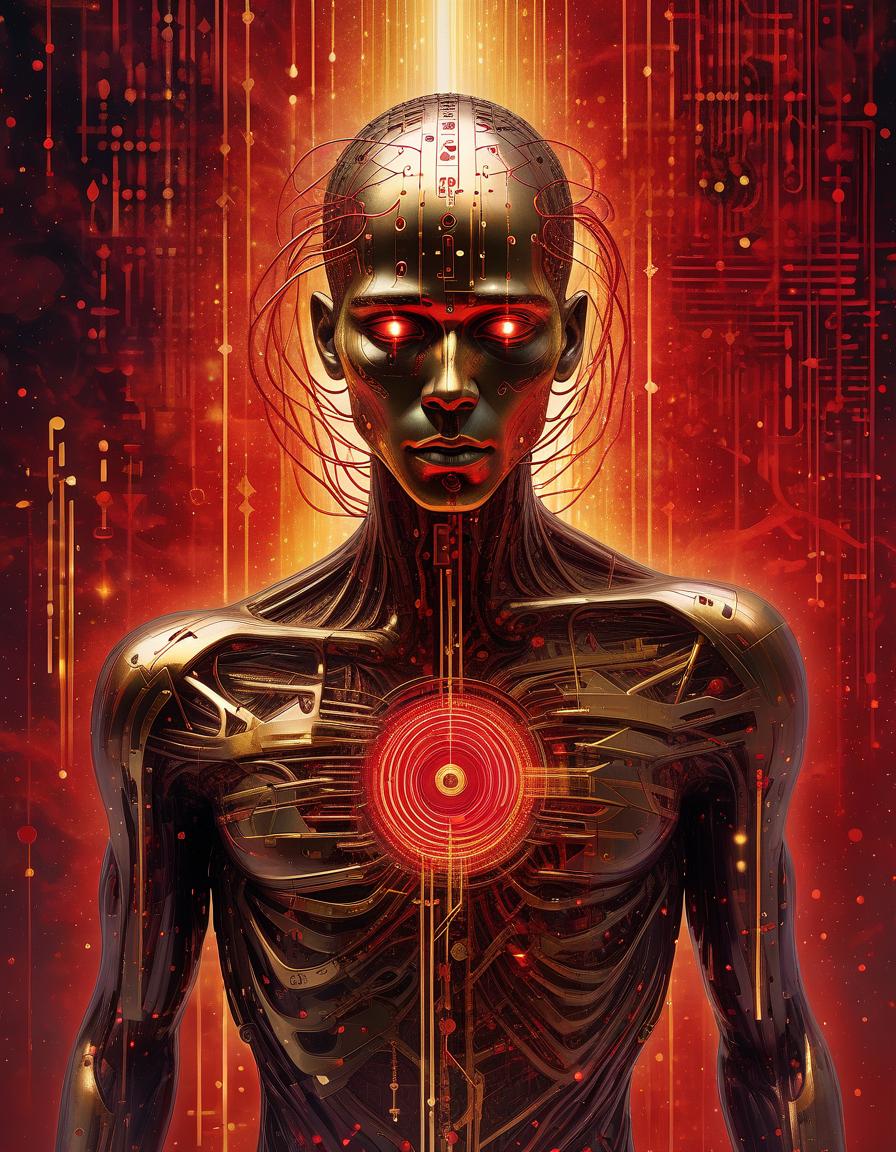  ethereal fantasy concept art of a metaphysical portrait of a half human, half machine figure, his body disintegrating into morse code symbols as it stretches toward the viewer. his face is a blend of detailed metalwork and abstract glitch punk geometry, highlighted by a red and gold color palette. the background is a matrix like environment, with swirling black and red code patterns dissolving into the ether. the figure’s glowing heart is central to the composition, connected to the entire scene via golden, digital threads. . magnificent, celestial, ethereal, painterly, epic, majestic, magical, fantasy art, cover art, dreamy