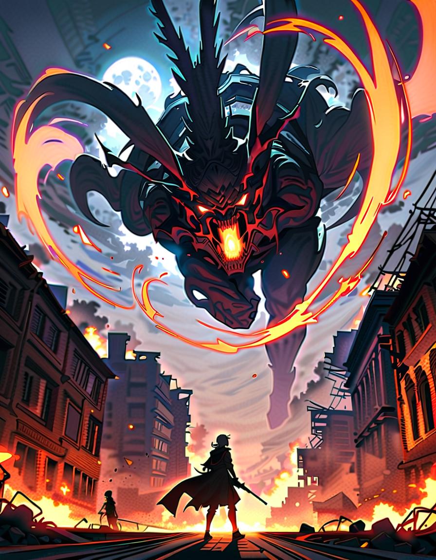  male character, firing a pistol, battling a monster, wearing a scarf, fierce, break the legendary pistol, urban rooftop, pistol, destroyed buildings, moon, smoke, break intense and dramatic, explosions, dynamic action lines, dramatic lighting,