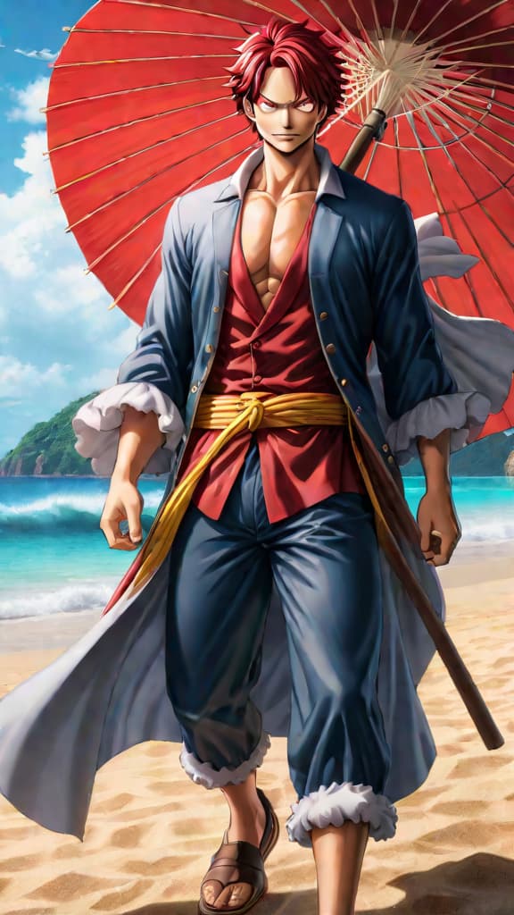  anime art: shanks values luffy's dream, allowing him to eat the gum gum fruit. hyperrealistic, full body, detailed clothing, highly detailed, cinematic lighting, stunningly beautiful, intricate, sharp focus, f/1. 8, 85mm, (centered image composition), (professionally color graded), ((bright soft diffused light)), volumetric fog, trending on instagram, trending on tumblr, HDR 4K, 8K