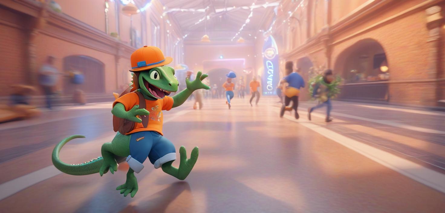  professional 3d model a cartoon lizard wearing an orange shirt, blue pants, and a hat, running excitedly in a brightly lit indoor setting with people in the background. . octane render, highly detailed, volumetric, dramatic lighting, civitai