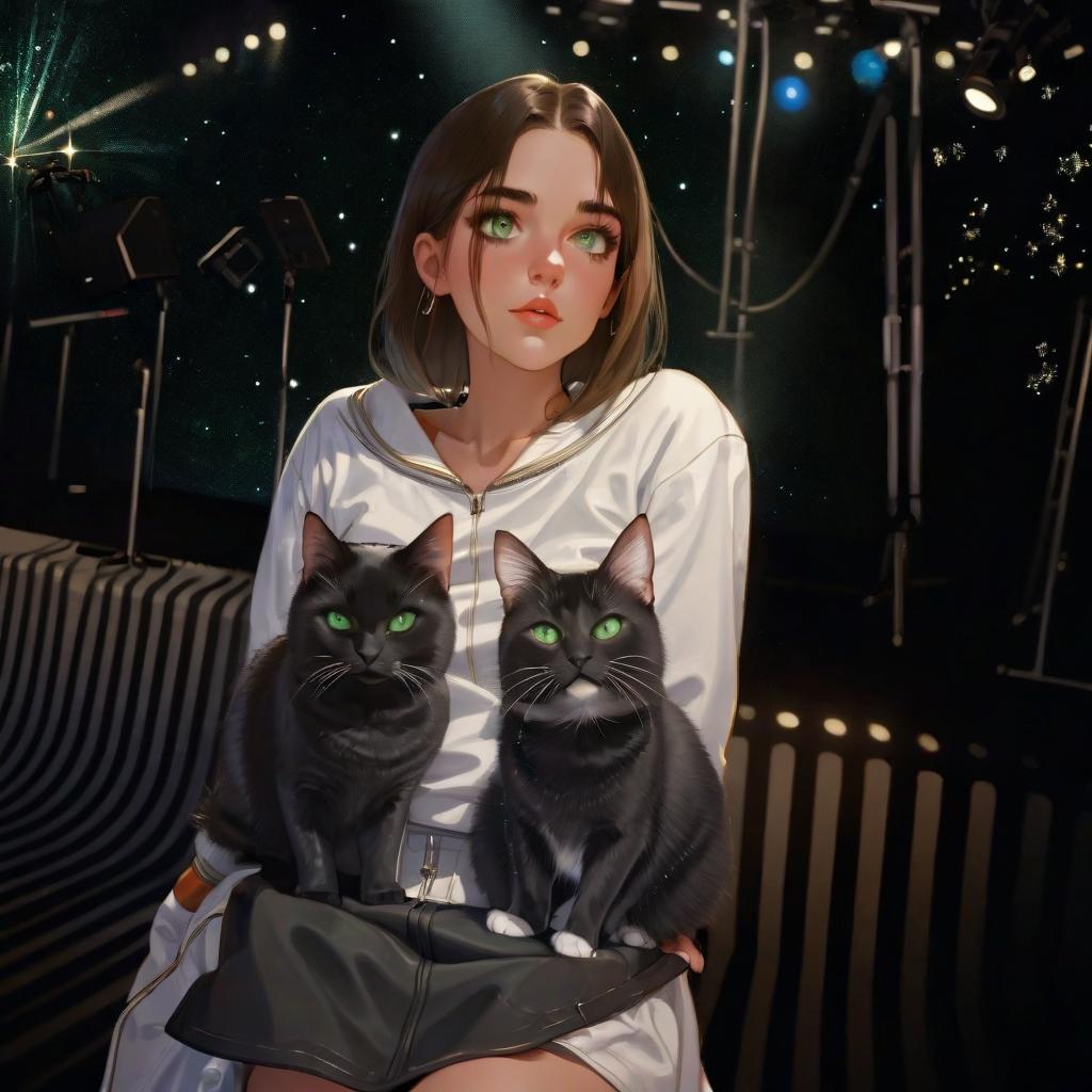  girl with dark green eyes, two cats, space, spotlights, view from the stage, microphone, music, royal grace