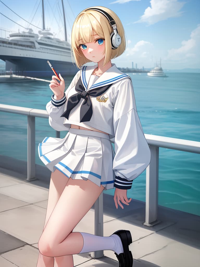  a girl who smokes cigarettes, white sailor uniforms, white pleated skirts, whole body, black loafers, blue eyes, blonde bob hair, summer sailor, souvenir jacket, snake tattoo, standing out, white, white, white. sailor suit, red headphones, green souvenir jacket, 綣 綣, masterpiece, best quality,8k,ultra detailed,high resolution,an extremely delicate and beautiful,hyper detail