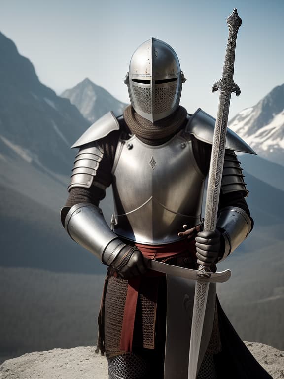  knight without a helmet with an open face with a sword in his hand against the background of the mountains