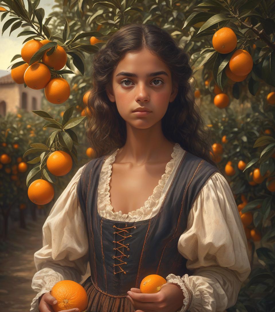  portrait of a young, dark and beautiful italian girl growing oranges from sicily in 17th century italian folk peasant clothing, dramatic lighting, depth of field, orange trees in the background. oranges should have a beautiful, even structure. incredibly high detail holding fresh oranges in hand