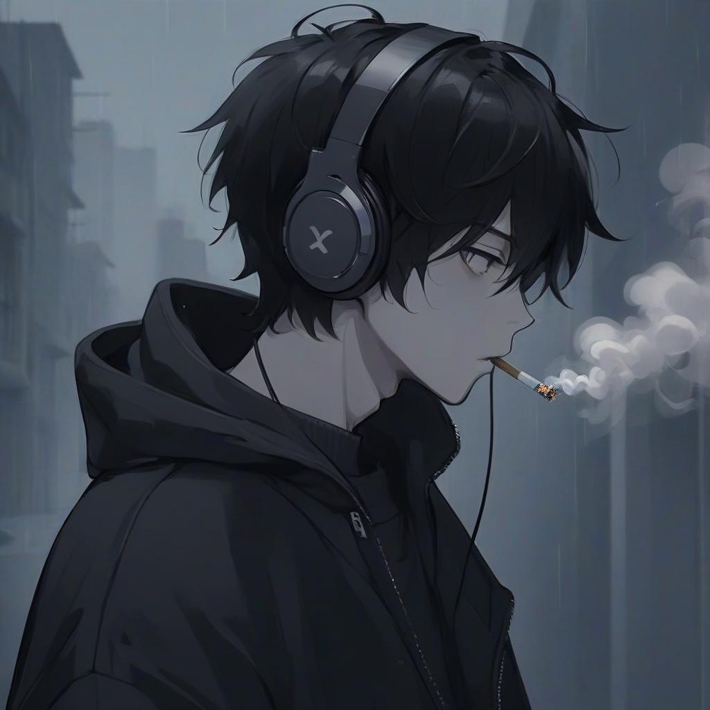  a man with headphones smoking a cigarette, an anime drawing, inspired by yamagata hiro, trending on pixiv, serial art, a handsome man，black short hair, just after rain, wearing a baggy, discord profile picture