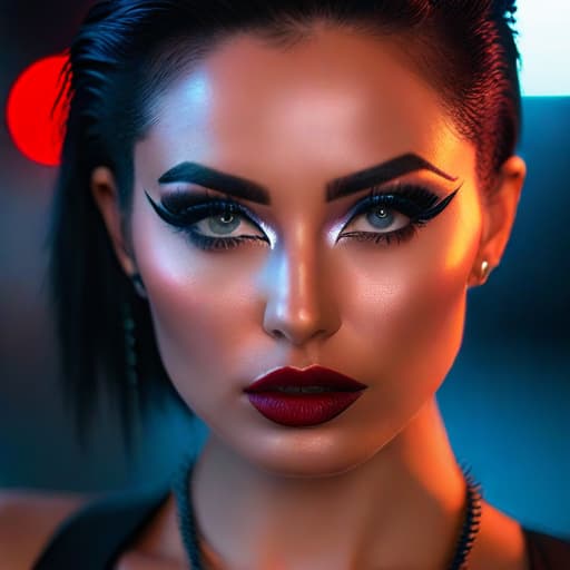  ultra realistic close up portrait ((beautiful pale cyberpunk female with heavy black eyeliner)), blue eyes, shaved side haircut, hyper detail, cinematic lighting, magic neon, dark red city, canon eos r3, nikon, f/1.4, iso 200, 1/160s, 8k, raw, unedited, symmetrical balance, in frame, 8k hyperrealistic, full body, detailed clothing, highly detailed, cinematic lighting, stunningly beautiful, intricate, sharp focus, f/1. 8, 85mm, (centered image composition), (professionally color graded), ((bright soft diffused light)), volumetric fog, trending on instagram, trending on tumblr, HDR 4K, 8K