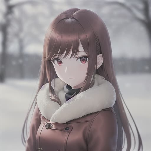  master piece , best quality,brown hair, red eyes, beautiful, gorgeous, 25, winter, snow, cold.