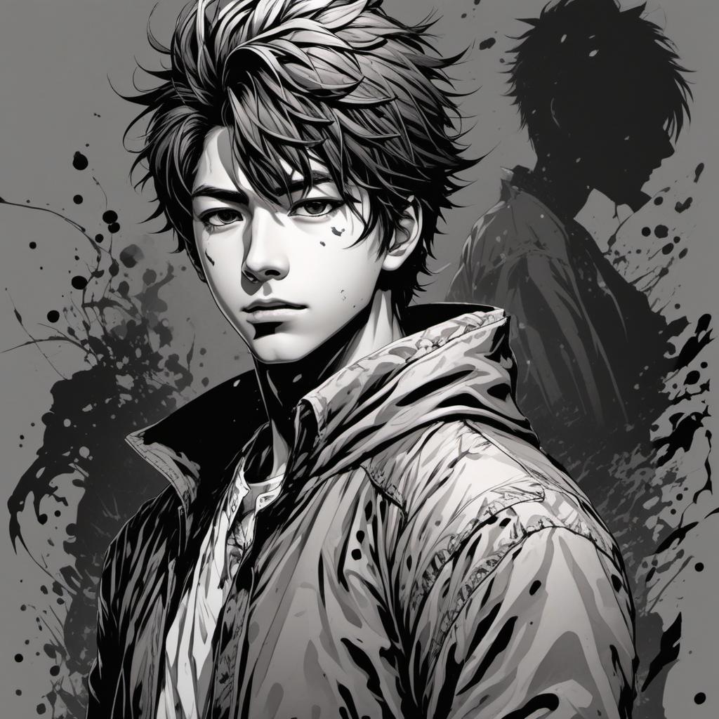  create a manga book cover with 1 male character wearing tattered clothes and a shadowy figure stands behind him., anime style, manga style, manhwa style