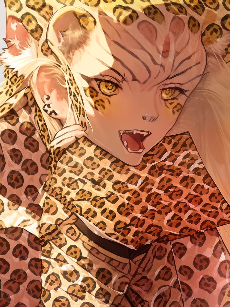  (fangs:1.5)masterpiece,beautiful girl ((leopard ears:2.0))(posed barking with both hands:2.0)(fangs:2.0)(in leopard print blouse:2.0)(close up of upper body)(high quality 8k)