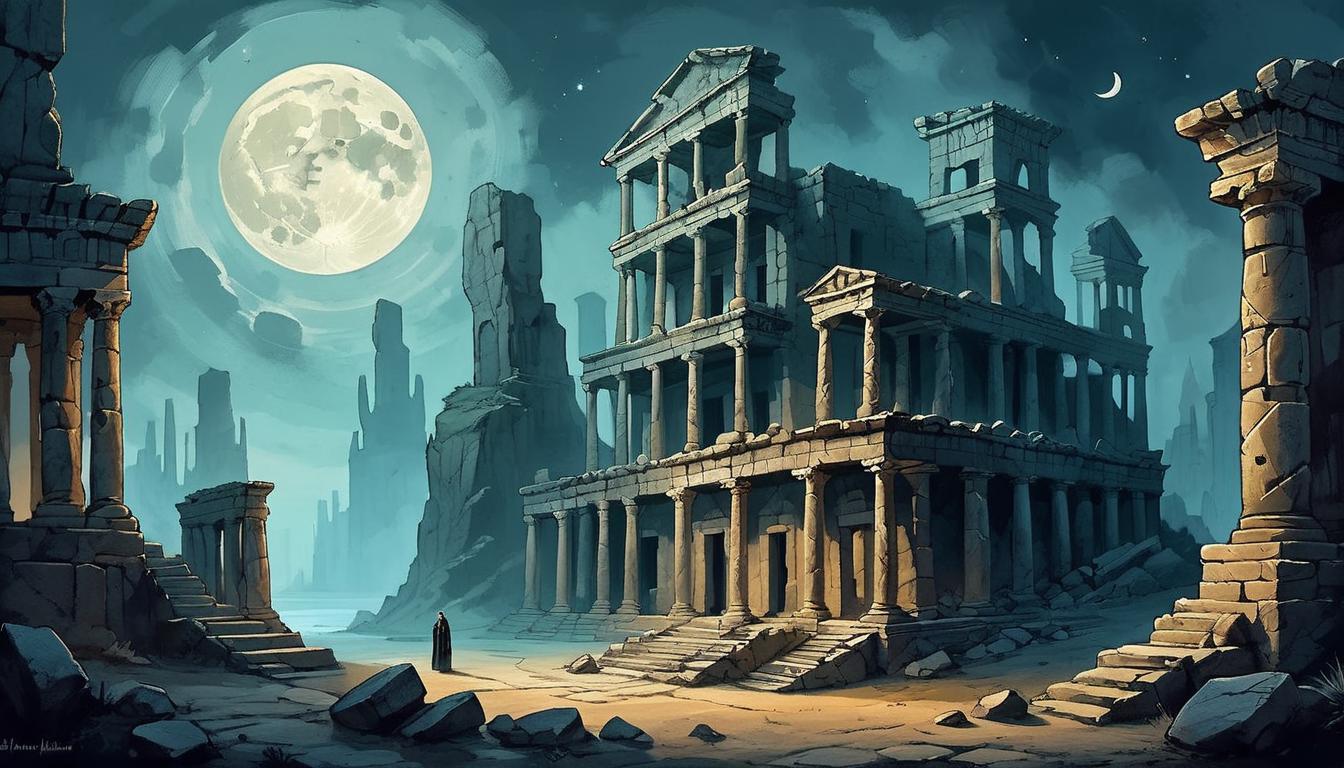  on parchment, surrealism+++, ancient ruins illuminated by moonlight, crumbling stone structures casting long shadows, an aura of reverence and mystique, serene, shattered grandeur(mysterious, provocative, symbolic,muted color)+++