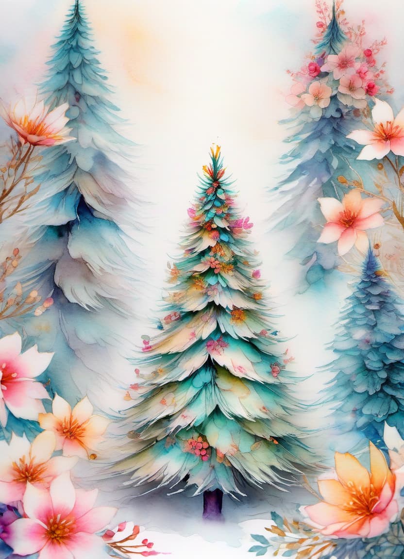  fairy tale christmas trees with cones, mouse in a kimono, (double exposure: 1.4). (soft textured paper). alcohol ink of (bright) flowers. the incompleteness effect. tenderness of watercolors, winter, delicate colors. thin white lines. emotion. light relief pattern. . magical, fantastical, enchanting, storybook style, highly detailed