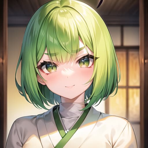  master piece , best quality,green hair, bobbed hair, girl, round eyebrows, on brow pats, japanese clothes, talebrow, talebite eyes, frontal view