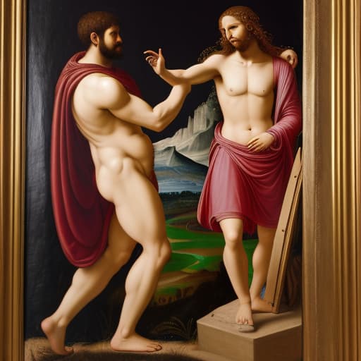  Make me a photo of Leonardo diVinci painting of Adam and GOD trying to touch