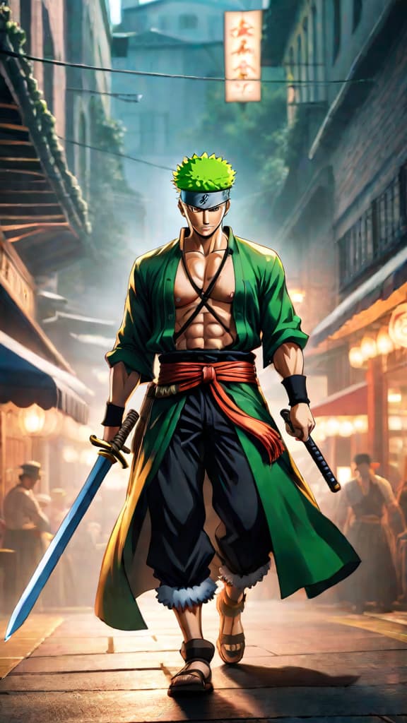  anime art: zoro reveals asura against kaku in enies lobby, showcasing his formidable swordsmanship in one piece. hyperrealistic, full body, detailed clothing, highly detailed, cinematic lighting, stunningly beautiful, intricate, sharp focus, f/1. 8, 85mm, (centered image composition), (professionally color graded), ((bright soft diffused light)), volumetric fog, trending on instagram, trending on tumblr, HDR 4K, 8K