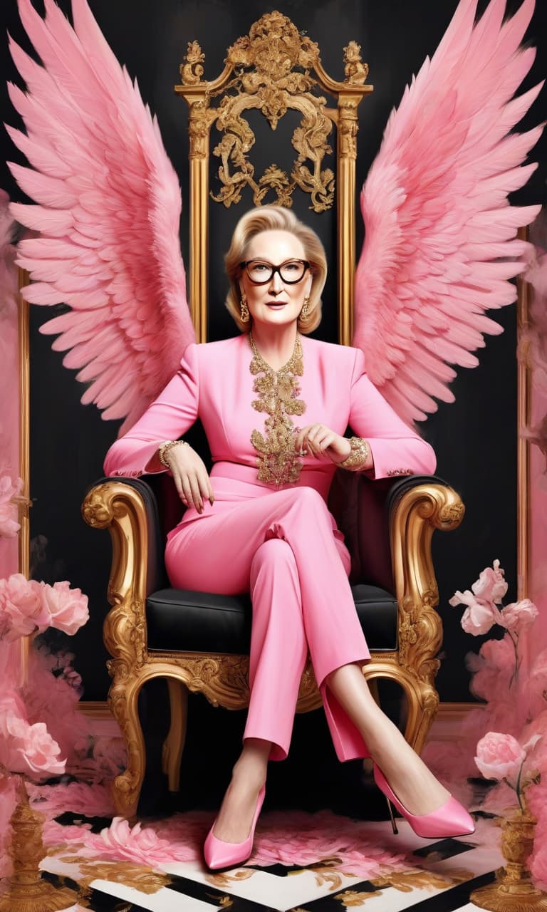  concept art pink, gold, black, white hell meryl streep. chic prada shoes . digital artwork, illustrative, painterly, matte painting, highly detailed, perfect hands