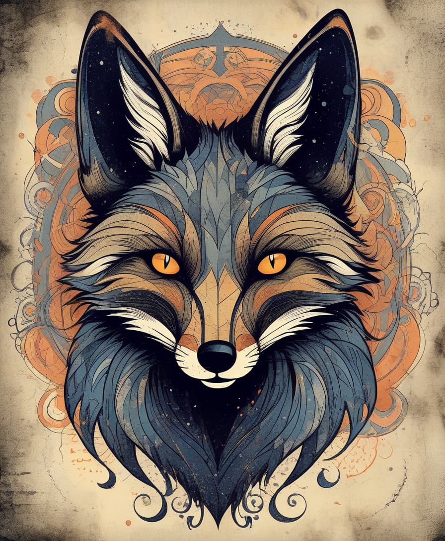  grunge style light, centered, colorful, modern illustration of a black fox with wild swirling . portrait, fibonacci sequence, tessellation, art nouveau, heavy outline comic book . textured, distressed, vintage, edgy, punk rock vibe, dirty, noisy