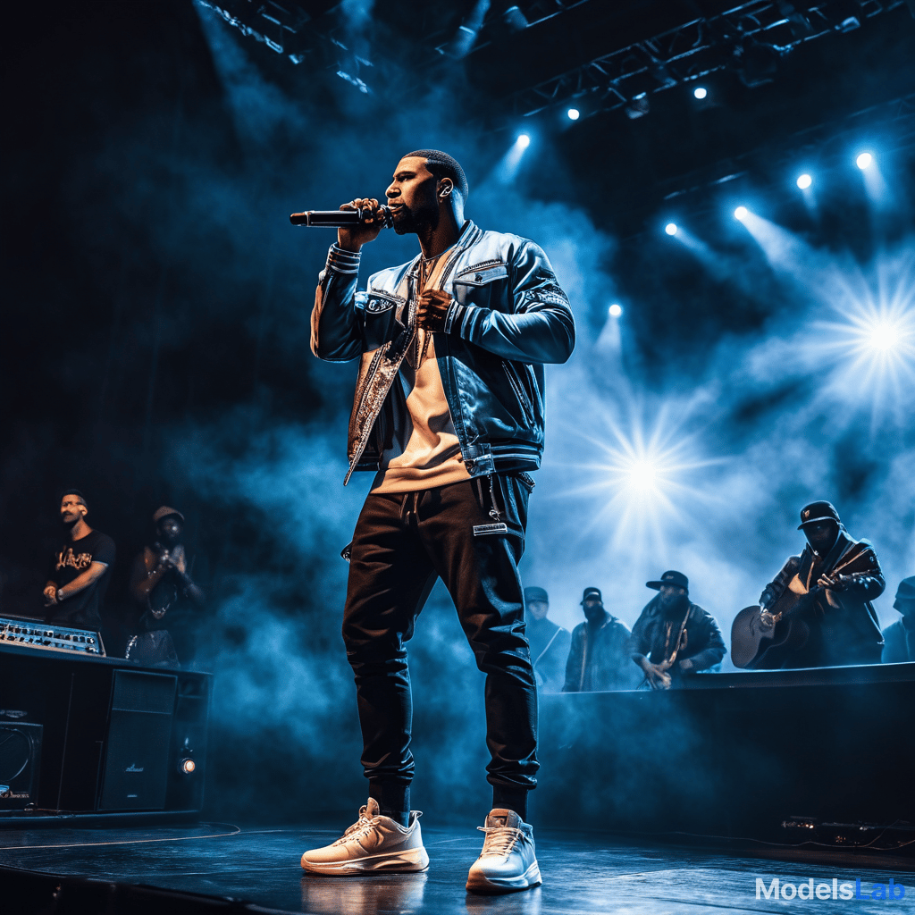  a rapper having stage concert with too crowd and amazing lightning hyperrealistic, full body, detailed clothing, highly detailed, cinematic lighting, stunningly beautiful, intricate, sharp focus, f/1. 8, 85mm, (centered image composition), (professionally color graded), ((bright soft diffused light)), volumetric fog, trending on instagram, trending on tumblr, HDR 4K, 8K