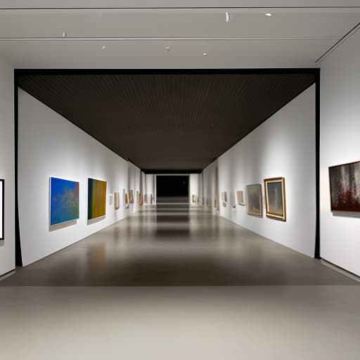 dvarchmodern art gallery, dimmed lights, lighting on paintings on the walls, geometric , structural , aesthetic , by julius shulman, andreas gursky, iwan baan, berenice abbott, hiroshi sugimoto