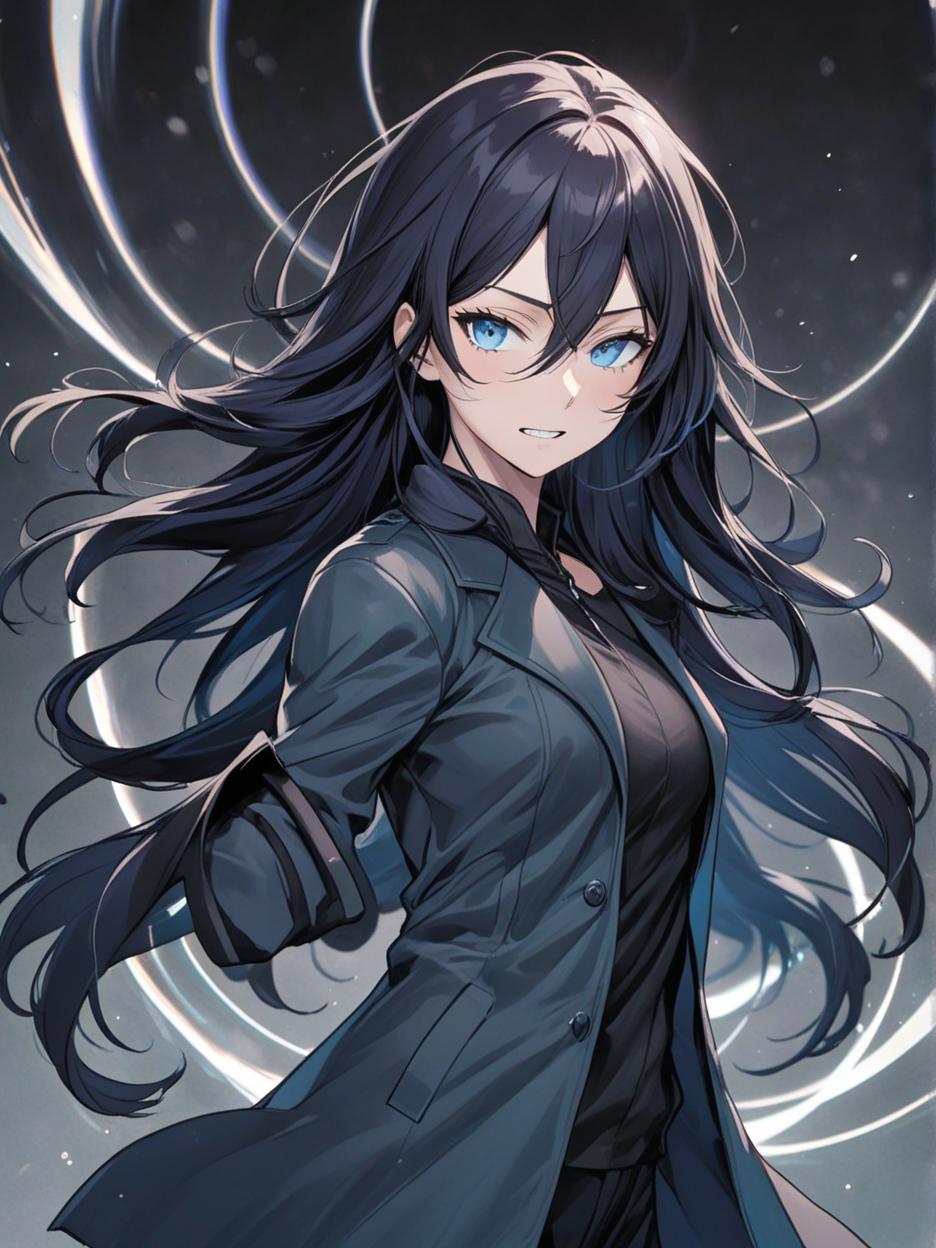  manga artwork a woman with sharp teeth. light blue eyes. it has long black hair that flows freely, giving it a mysterious and imposing air. he wears a long black coat with wavy edges, which appear to be in constant motion, adding a sense of dynamism to his appearance. the coat is open at the front, revealing a fitted black outfit underneath, which highlights her slender and athletic figure. her pose is confident and slightly dynamic, with one hand extended outwards, as if reaching for something or making a meaningful gesture. the background is a solid black, with an aura like circle framing the character's head, enhancing his silhouette and giving him an almost otherworldly look. hyper realistic atmospheres, detail, 8k. manga artist. manga