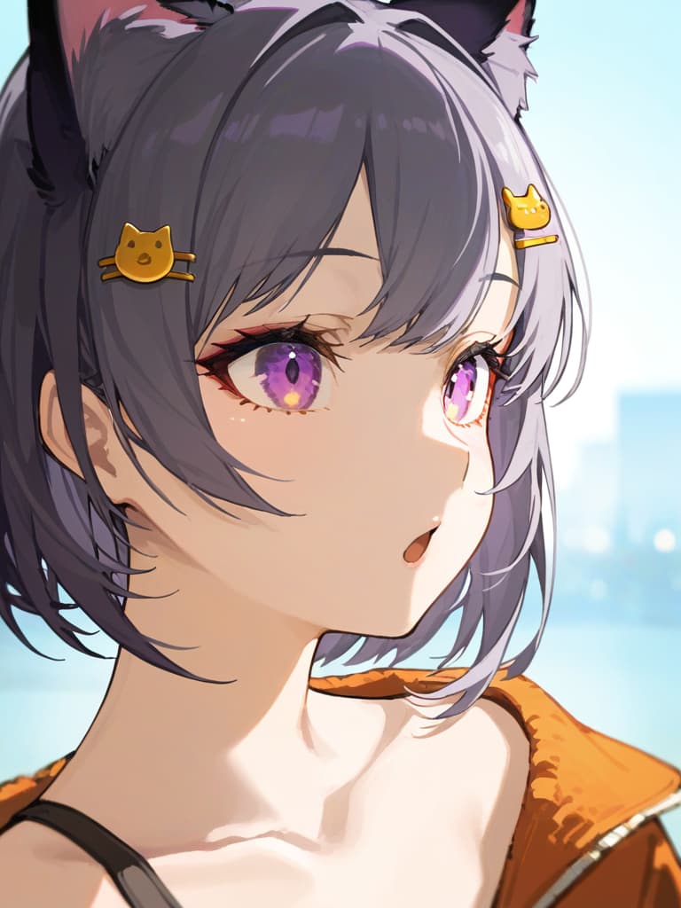  (black cat ears: 1.2), masterpiece, open mouth, best quality, (purple eyes: 1.3), (close up: 1.2), medium hair, earth arring , (silverbeige hair: 1.2), (orange jacket), shoulder gaps, (white turtreneck: 1.1), (triangle hair pin: 1.3),