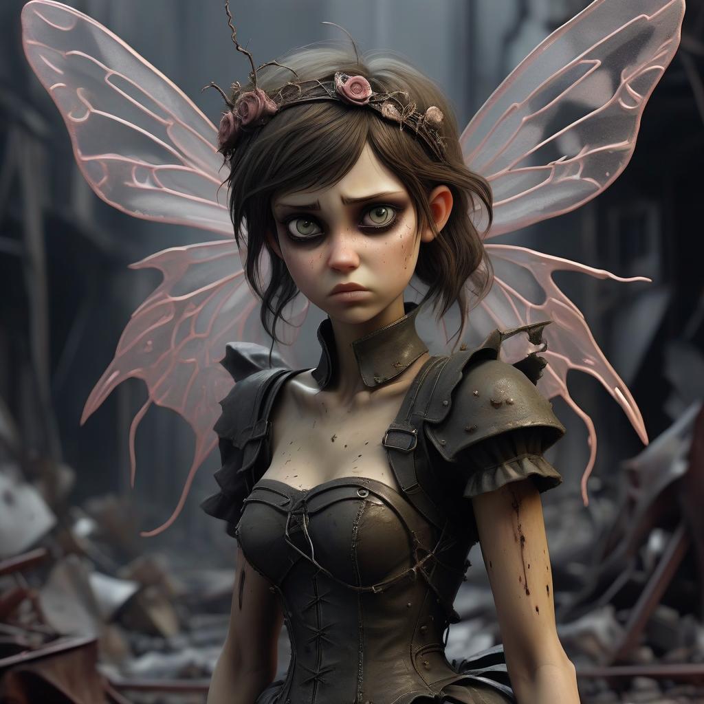  dystopian style sweet, shining, in love fairy, bowed, in hell . bleak, post apocalyptic, somber, dramatic, highly detailed