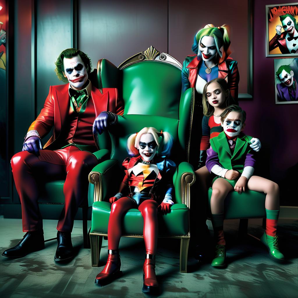  fashion editorial style family photo. harley quinn is sitting in a chair, next to the joker, in front of their little kids, a boy and a girl. . high fashion, trendy, stylish, editorial, magazine style, professional, highly detailed