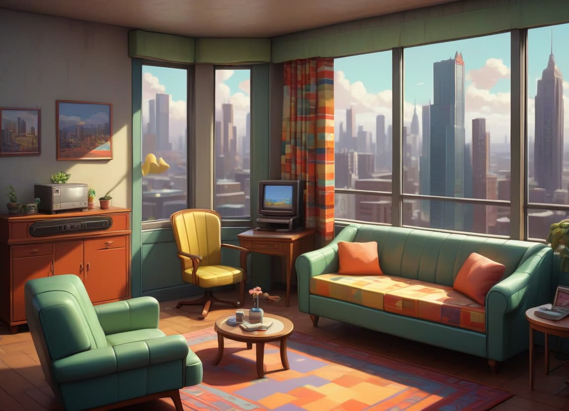  retro game art room , windows, city view, city view high rise buildings , room furniture, furniture: sofa , chair, small table, curtains by the window , more small things . 16 bit, vibrant colors, pixelated, nostalgic, charming, fun