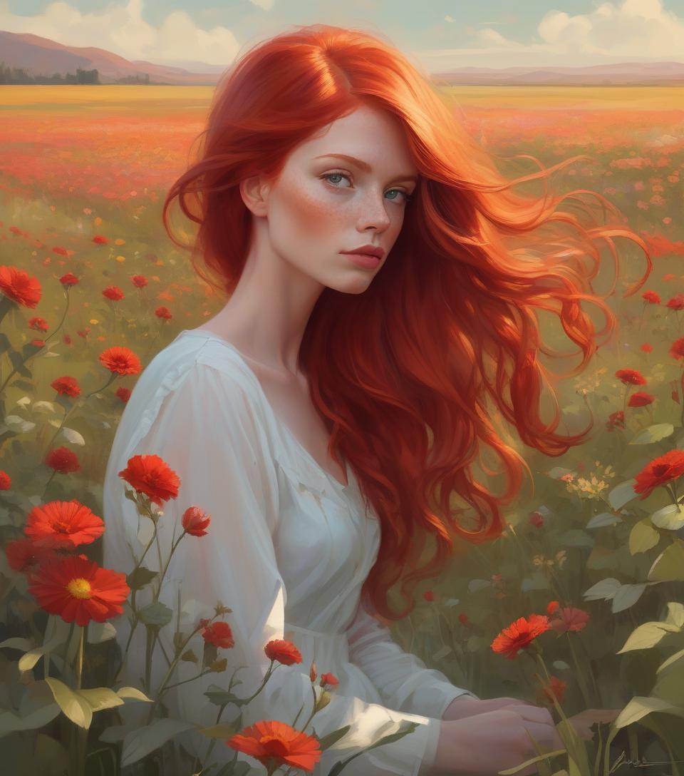  painting &quot;woman with red hair in a flower field&quot;, gorgeous digital painting, beautiful digital painting, galen dara, redhead woman, stunning digital painting, inspired by vincent lefevre, rhads and lois van baarle, digital oil painting, author: mads mountain, digital oil painting, portrait of a red haired girl, by igor grabar