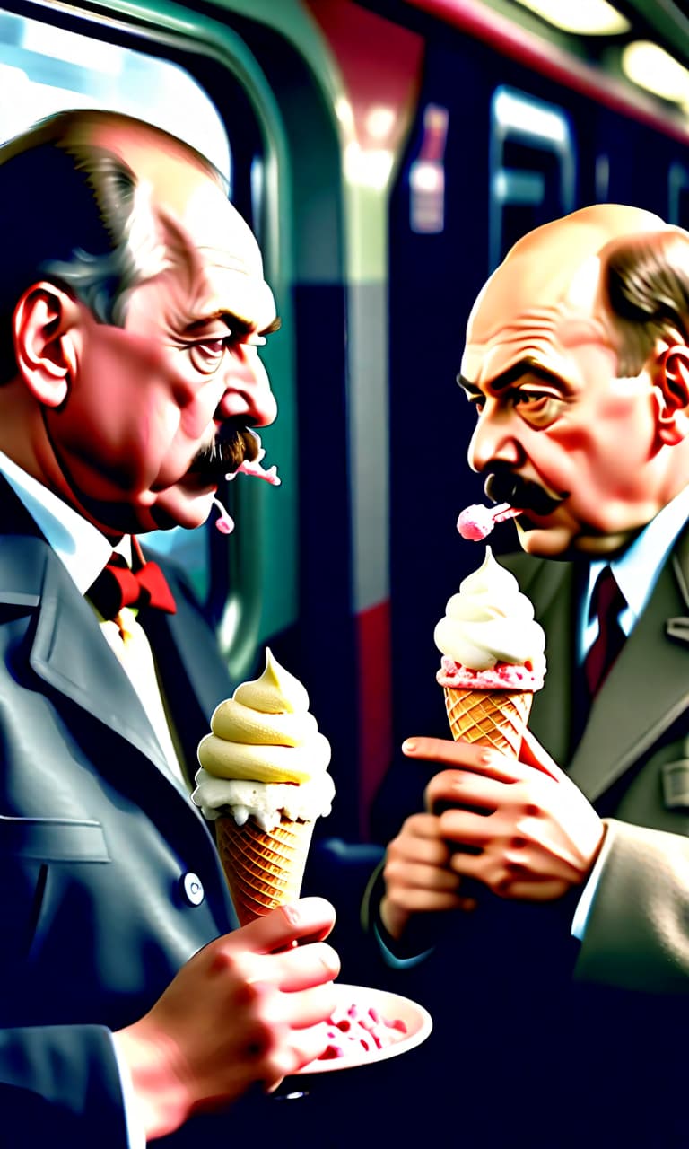  cinematic photo stalin and vladimir ilyich lenin eat ice cream on the train. . 35mm photograph, film, bokeh, professional, 4k, highly detailed