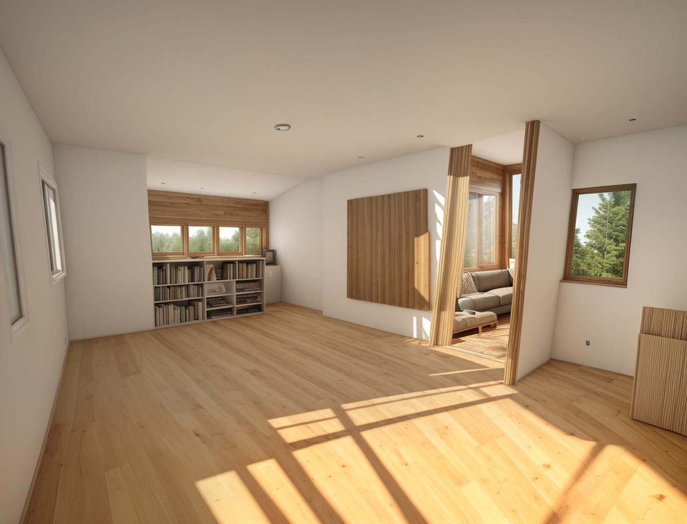  create a photorealistic rendering of a living room with a wooden floor, featuring a modern sofa placed near a large window. the room should feel cozy and inviting, with natural light streaming in from the window onto the warm wooden flooring.