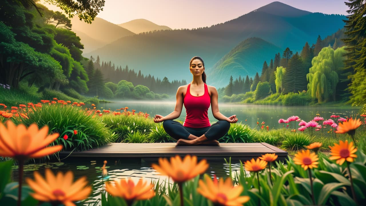  a serene landscape featuring a tranquil yoga scene at sunrise, surrounded by lush greenery, vibrant flowers, a peaceful pond, and gentle mountains in the background, embodying balance, harmony, and holistic wellness. hyperrealistic, full body, detailed clothing, highly detailed, cinematic lighting, stunningly beautiful, intricate, sharp focus, f/1. 8, 85mm, (centered image composition), (professionally color graded), ((bright soft diffused light)), volumetric fog, trending on instagram, trending on tumblr, HDR 4K, 8K