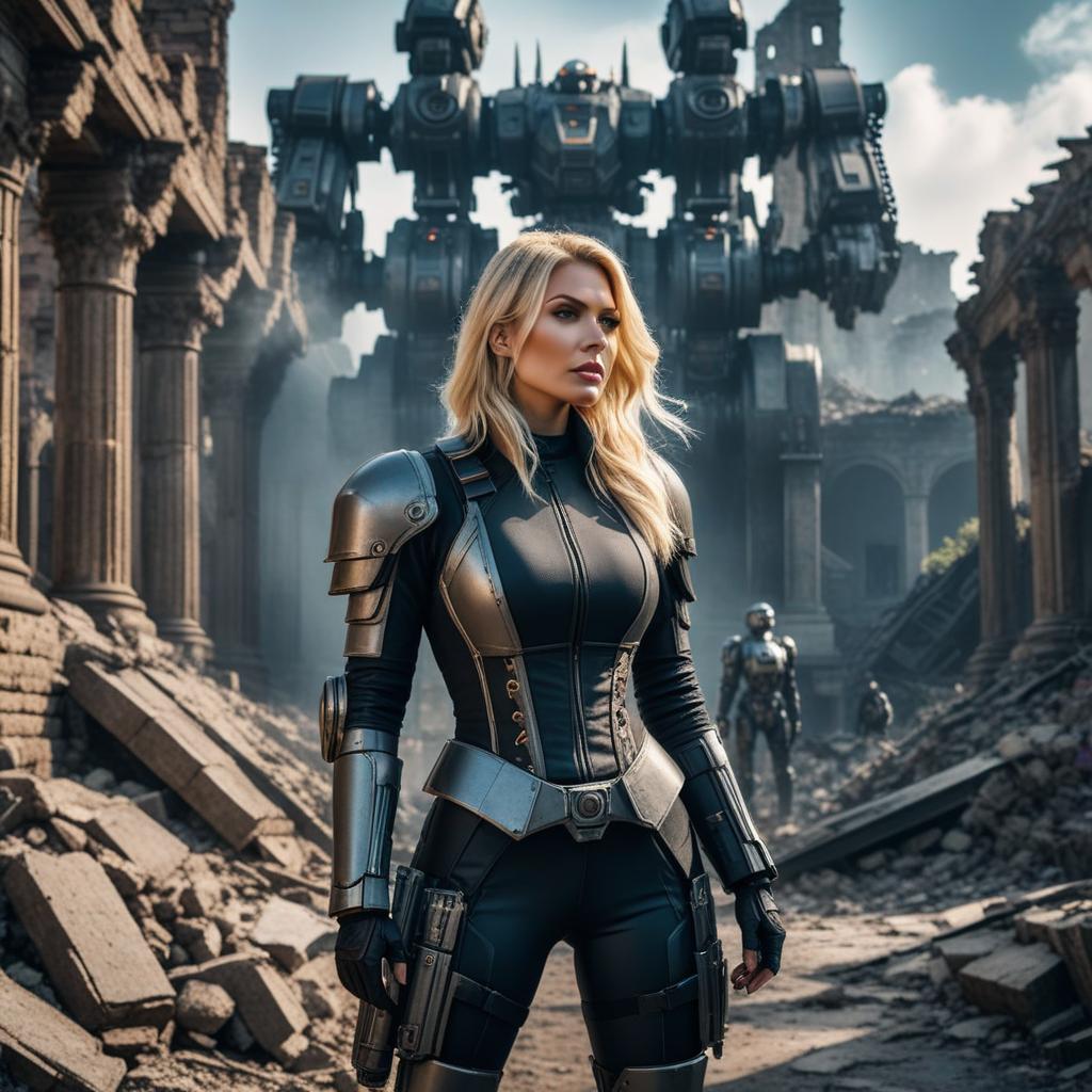  a cinematic, dystopian scene of a drop dead gorgeous blond european woman in a gothic outfit, standing amidst the ruins of a collapsed city with gigantic mech suits in the background. use a sony a9ii and a 70 200mm f/2.8 g master lens. affix 'astravision.ai' mark at the bottom right corner. hyperrealistic, full body, detailed clothing, highly detailed, cinematic lighting, stunningly beautiful, intricate, sharp focus, f/1. 8, 85mm, (centered image composition), (professionally color graded), ((bright soft diffused light)), volumetric fog, trending on instagram, trending on tumblr, HDR 4K, 8K