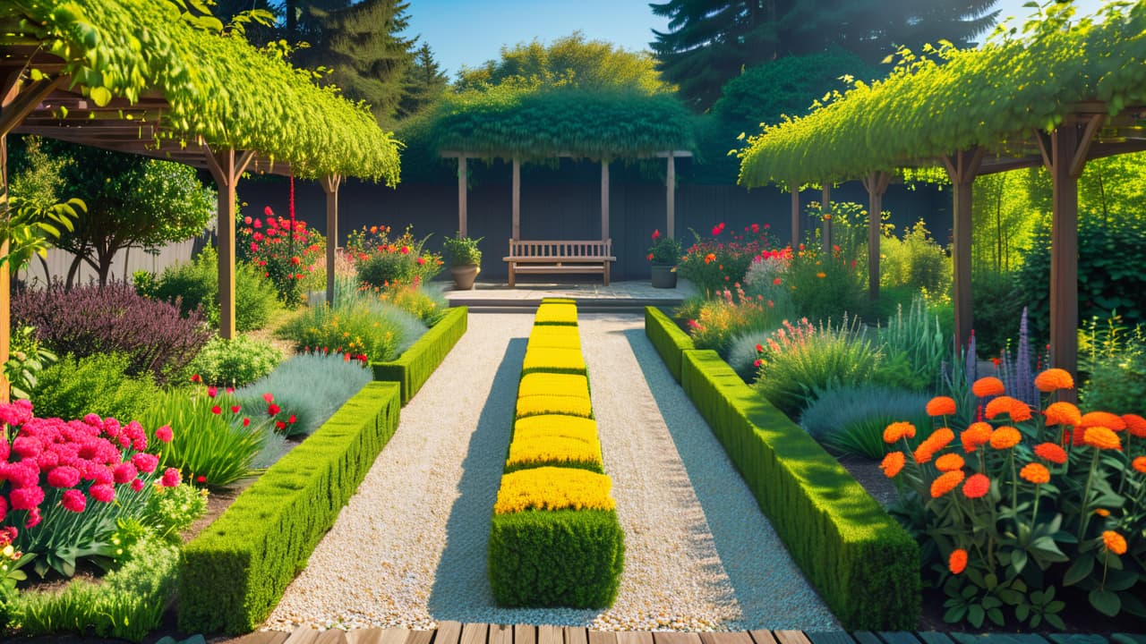  a simple garden layout featuring neatly arranged rectangular plots, vibrant vegetable plants, a central gravel path, colorful flower borders, and a wooden trellis in the background, all under a bright blue sky. hyperrealistic, full body, detailed clothing, highly detailed, cinematic lighting, stunningly beautiful, intricate, sharp focus, f/1. 8, 85mm, (centered image composition), (professionally color graded), ((bright soft diffused light)), volumetric fog, trending on instagram, trending on tumblr, HDR 4K, 8K