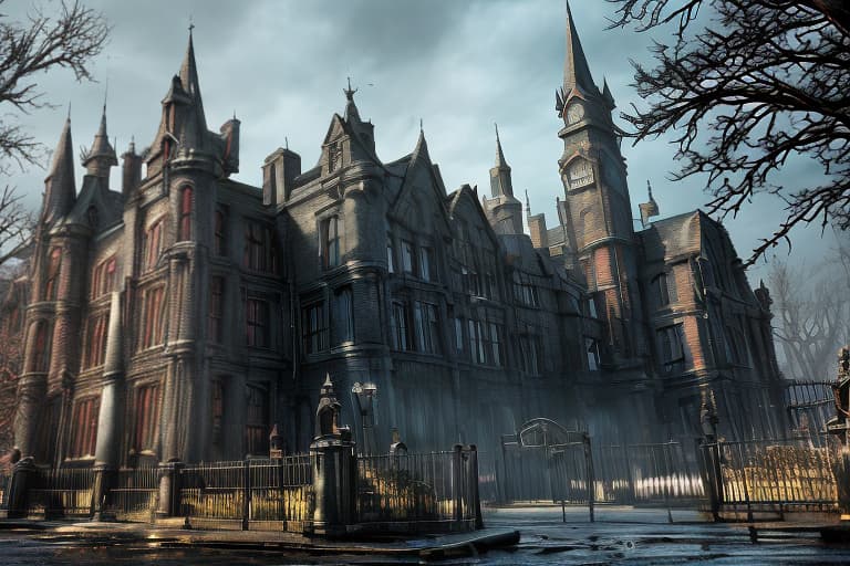 redshift style Arkham Asylum* Create a street view image of Arkham Asylum's entrance, showcasing its imposing gothic architecture, iron gates, and eerie atmosphere.