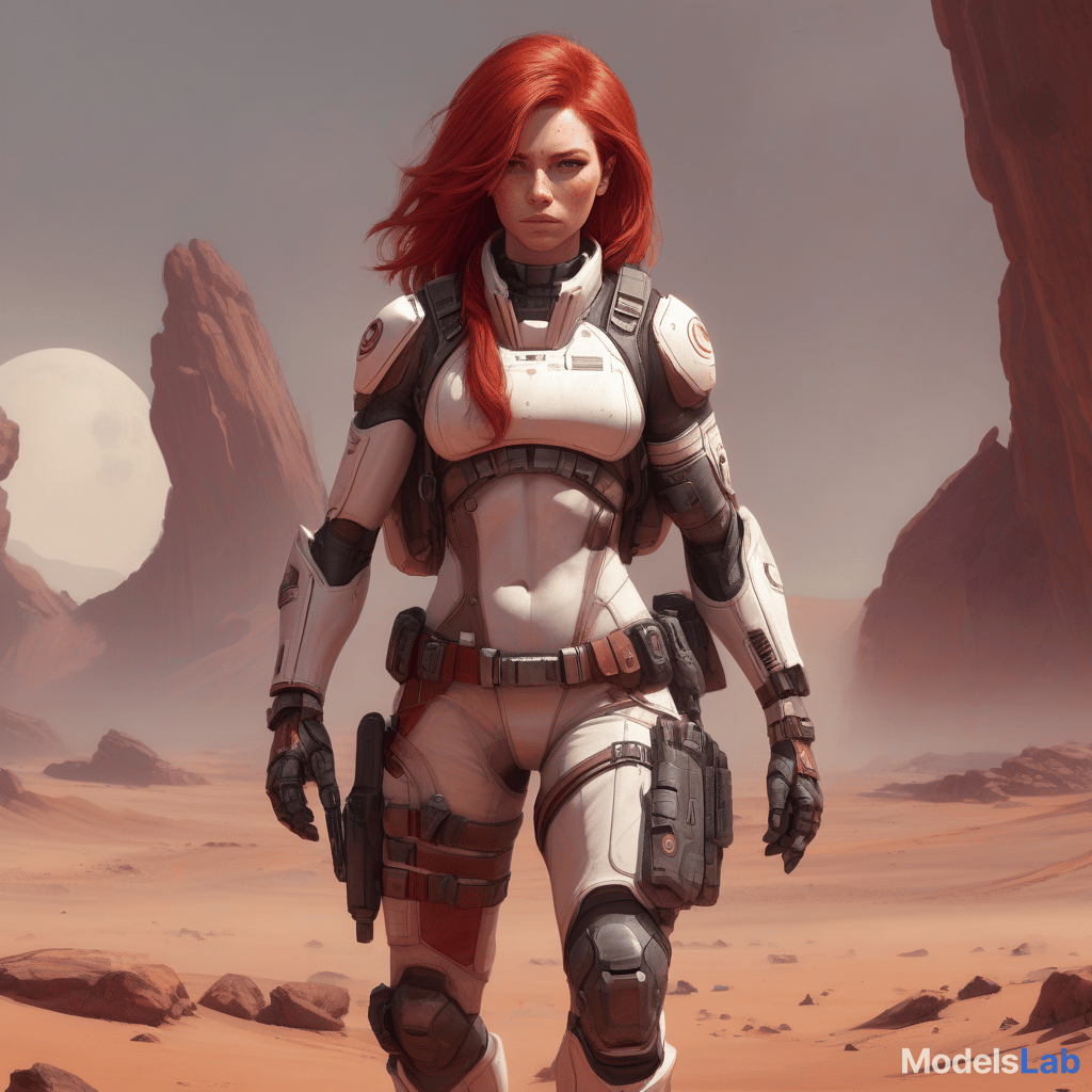  draw a full length female character, athletic build, red hair, the character lives on a distant colonized planet, specialization mercenary