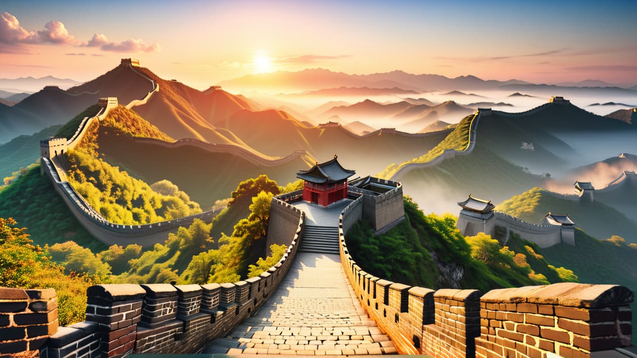  @ image prompt: an artistic representation of china's historical timeline, showcasing key dynasties like the shang, zhou, qin, han, tang, song, yuan, ming, and qing, interspersed with cultural symbols such as calligraphy, the great wall, and traditional chinese architecture. hyperrealistic, full body, detailed clothing, highly detailed, cinematic lighting, stunningly beautiful, intricate, sharp focus, f/1. 8, 85mm, (centered image composition), (professionally color graded), ((bright soft diffused light)), volumetric fog, trending on instagram, trending on tumblr, HDR 4K, 8K