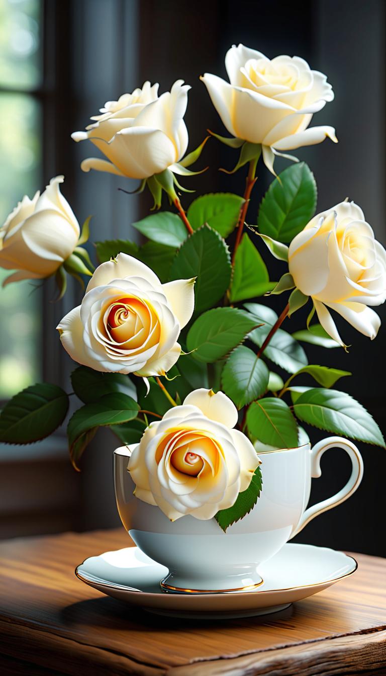  professional 3d model of white roses and tea cup . rendered with octane, the model is highly detailed,dramatic lighting. hyperrealistic, full body, detailed clothing, highly detailed, cinematic lighting, stunningly beautiful, intricate, sharp focus, f/1. 8, 85mm, (centered image composition), (professionally color graded), ((bright soft diffused light)), volumetric fog, trending on instagram, trending on tumblr, HDR 4K, 8K