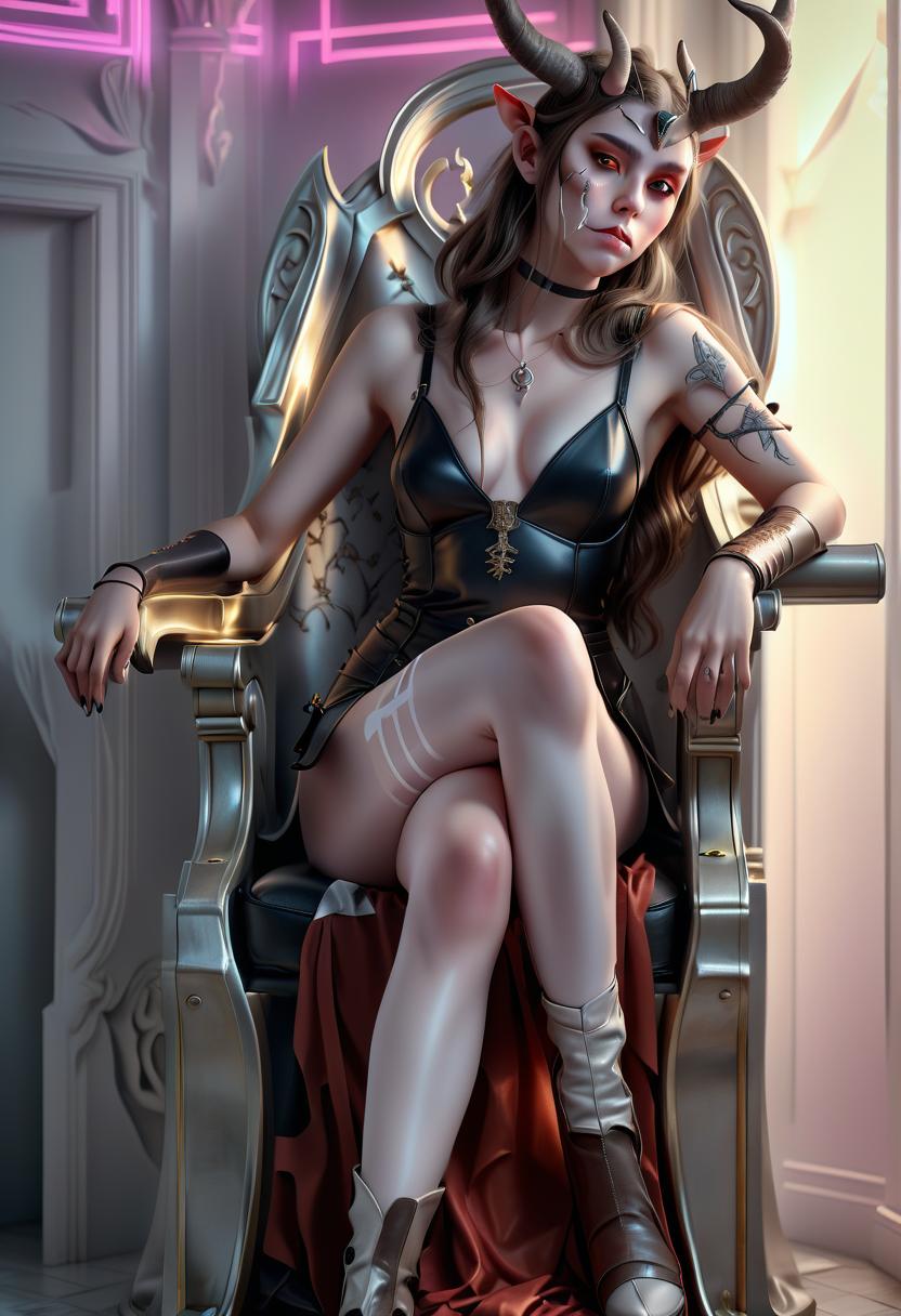  hyperrealistic art a girl with horns sits on a throne. . extremely high resolution details, photographic, realism pushed to extreme, fine texture, incredibly lifelike, perfecteyes, glowneon