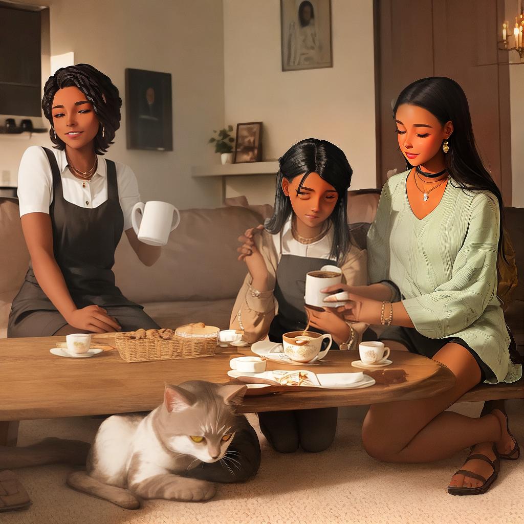  masterpiece, best quality,lesbian couple 1 dark skin with a spiritual beliefs the other light skin with religious believes both love coffee music cozy home cats classy yet authentic image ,