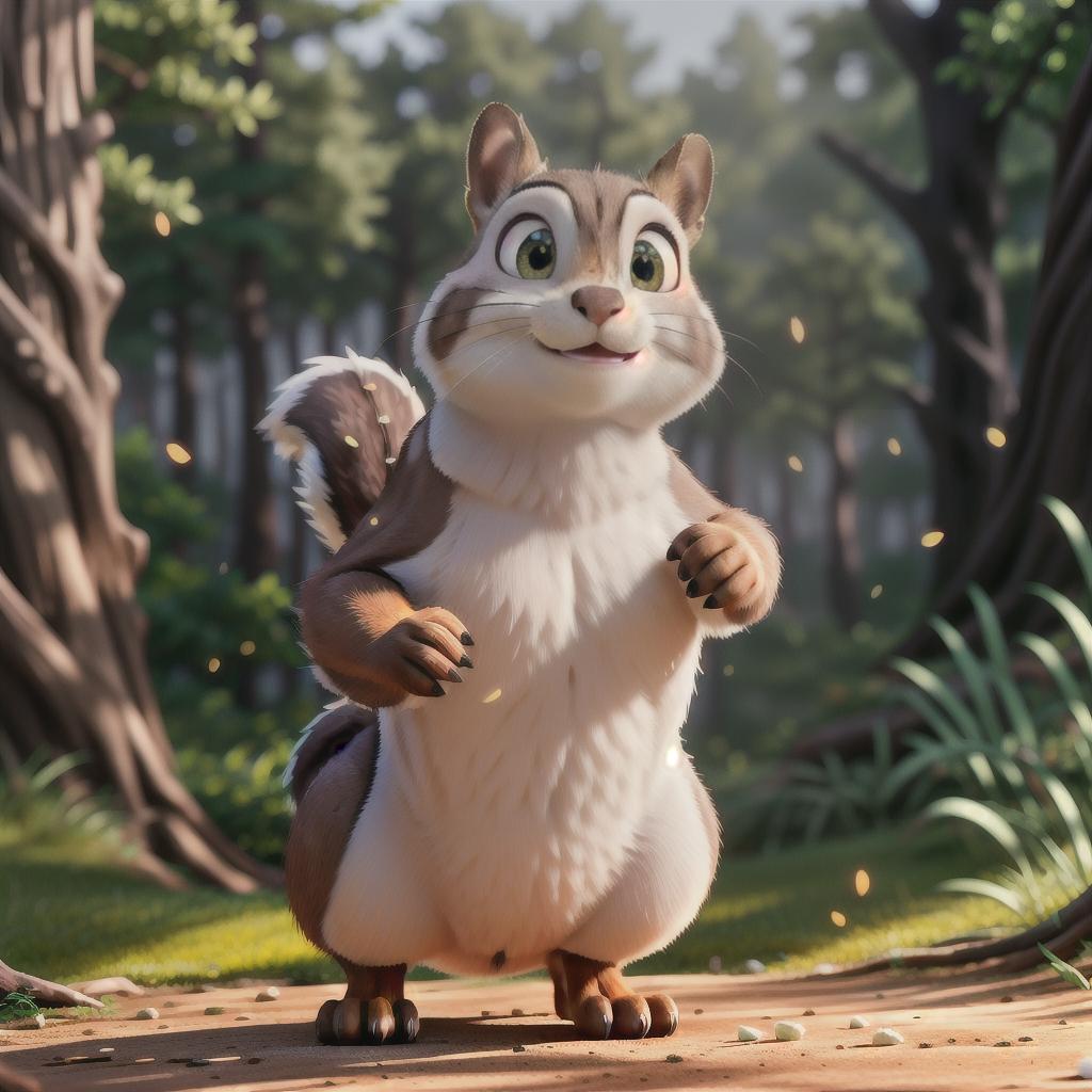  A squirrel, big pretty eyes, Pixar animation hyperrealistic, full body, detailed clothing, highly detailed, cinematic lighting, stunningly beautiful, intricate, sharp focus, f/1. 8, 85mm, (centered image composition), (professionally color graded), ((bright soft diffused light)), volumetric fog, trending on instagram, trending on tumblr, HDR 4K, 8K