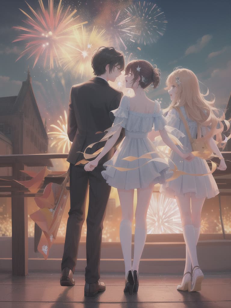  Fireworks display, student couples (shouting :), night, Eye Contact, Back Light, 💩: 0.0, 💩, 💩, 💩, 💩, 💩, masterpiece, best quality,8k,ultra detailed,high resolution,an extremely delicate and beautiful,hyper detail