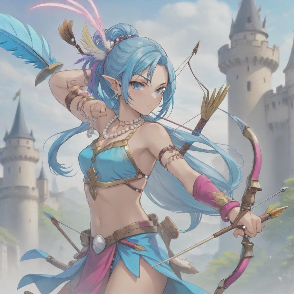  long exposure photo of portrait of strong rage amazonas archer. aqua eye. long blue hair. tilting head down, magenta mantle, shoulder pad feather, accessory necklace with pearls on the forehead, against the background of the castle siege . blurred motion, streaks of light, surreal, dreamy, ghosting effect, highly detailed, sticker, hkmagic