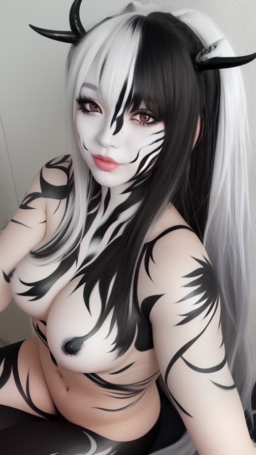  Black and White flame pattern body paint in every corner of the whole body, grey body paint full body, White face paint on the face, two succubus sisters, full body image 女性