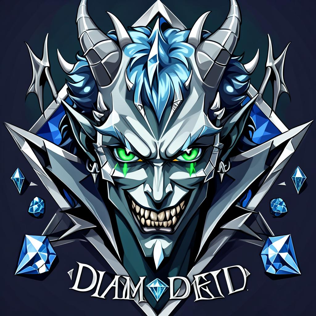  diamond devil, portrait. dark green eyes, man. kind. hair gray. with fangs and horns. colors blue, blue, silver