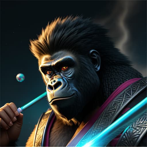  (Wizard samurai handsome gorilla hair styles with stick in 4K 3DHer eyes are marbles and her is shiny glass. 3D 4K uhd Realistic marblelight shine light spread art glass parts on sky))