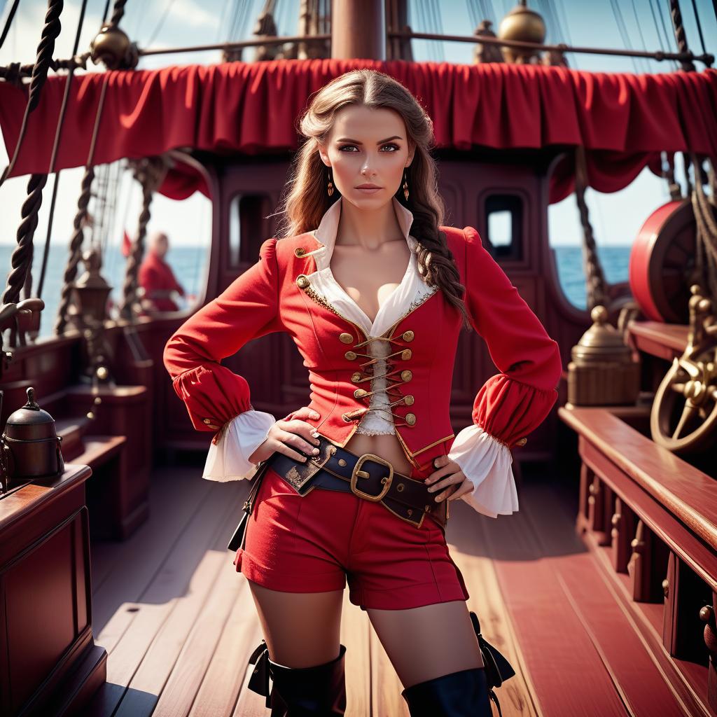  cinematic film still a beautiful in a bright red uniform on a pirate ship. in a short top and very short shorts. fantasy, fairy tale . shallow depth of field, vignette, highly detailed, high budget, bokeh, cinemascope, moody, epic, gorgeous, film grain, grainy