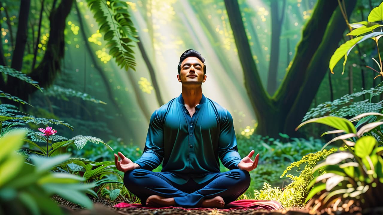  a serene nature scene featuring a person meditating in a lush forest, surrounded by vibrant plants, soft sunlight filtering through the trees, and a gentle stream flowing nearby, embodying balance and tranquility. hyperrealistic, full body, detailed clothing, highly detailed, cinematic lighting, stunningly beautiful, intricate, sharp focus, f/1. 8, 85mm, (centered image composition), (professionally color graded), ((bright soft diffused light)), volumetric fog, trending on instagram, trending on tumblr, HDR 4K, 8K